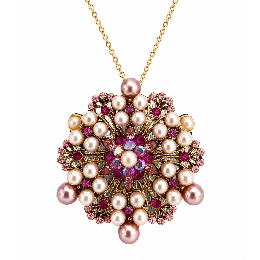 VTG Starburst Rhinestone Pendant Pink Pearl Flower‎ with Swarovski Crystals Avon